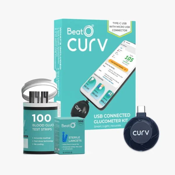 BeatO Curv Smartphone Connected Glucometer Sugar Testing Machine with 100 Strips & 100 Lancets