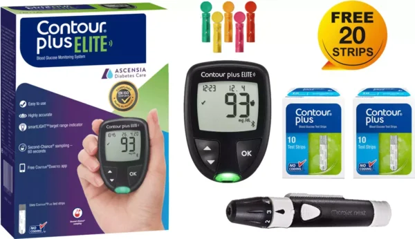 Contour Plus Elite Blood Glucose Monitoring System Glucometer with Contour Plus Blood Glucose Test Strip 20S Free