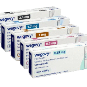 Wegovy semaglutide injection pens in 0.25mg, 0.5mg, 1mg, 1.7mg, and 2.4mg strengths for weight loss treatment.