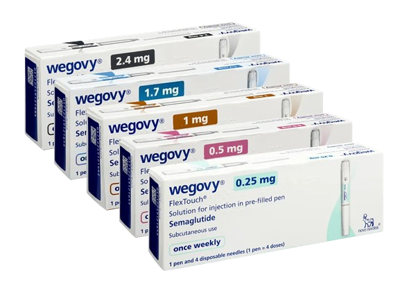 Wegovy semaglutide injection pens in 0.25mg, 0.5mg, 1mg, 1.7mg, and 2.4mg strengths for weight loss treatment.